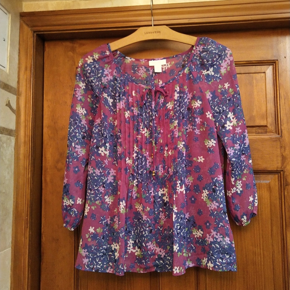 Charter Club Sheer Floral 3/4 Sleeve Petite Small Top Purples, Royal Blue,Greens
